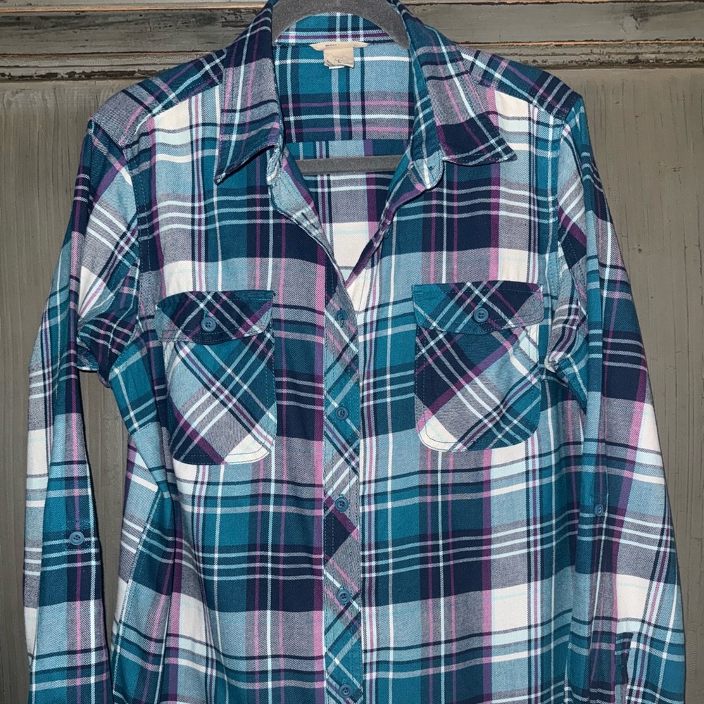 Duluth Trading Co. Teal Purple Plaid Button Up Cotton Blend Women's Sz L Large